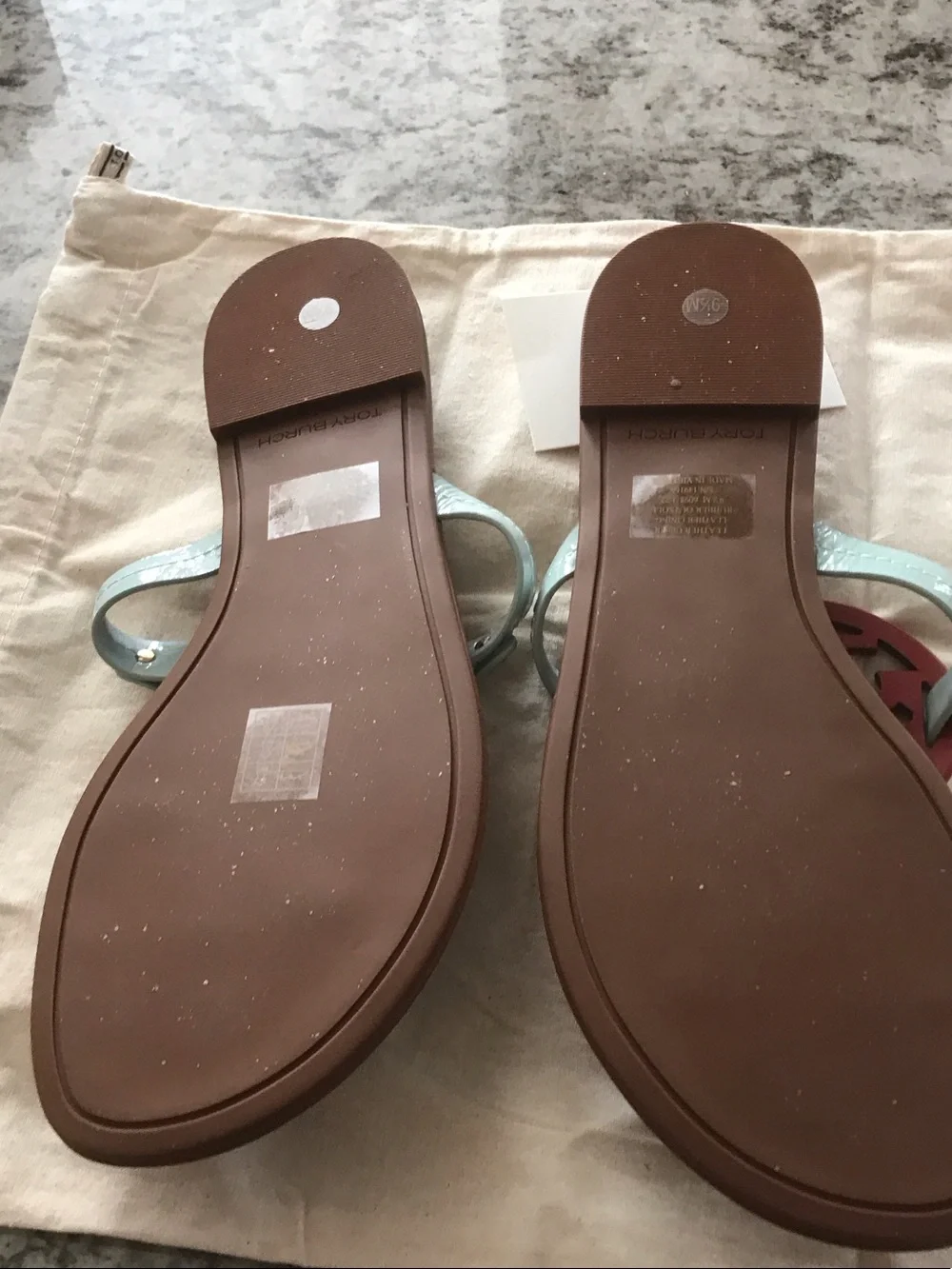 Tory Burch Red Medallion Light Blue Strap Brown Footbed Sandals